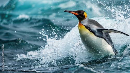 Big King penguin jumps out of the blue water after swimming through the ocean in Falkland Island