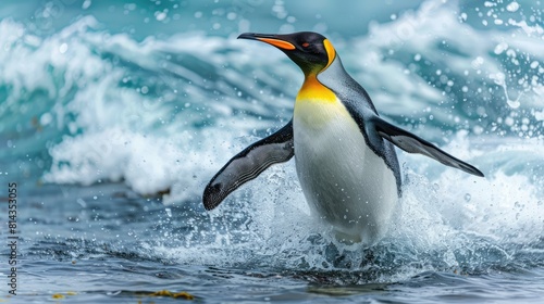 Big King penguin jumps out of the blue water after swimming through the ocean in Falkland Island