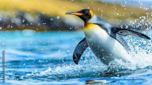 Big King penguin jumps out of the blue water after swimming through the ocean in Falkland Island