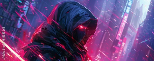 A cyberninja in a hooded cloak with glowing red eyes stands in a futuristic city, bathed in neon lights. photo