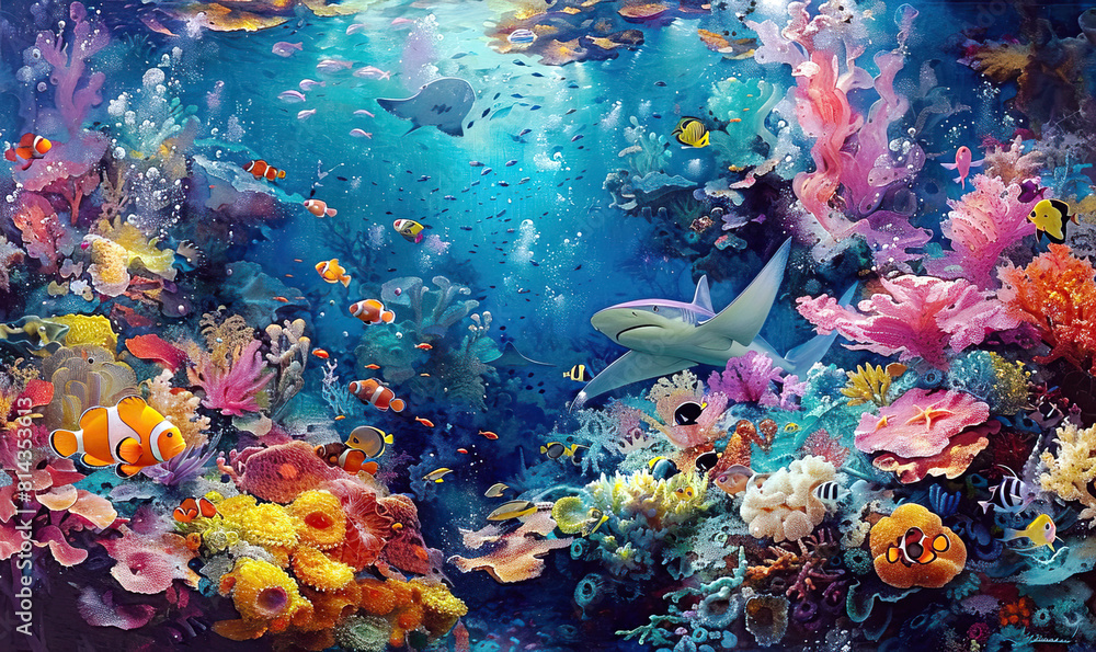 A colorful coral reef bustling with fish and a shark in clear blue waters. Generate AI