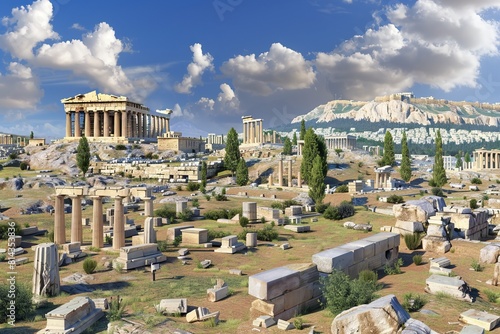Create a digital collage of the various ruins and monuments scattered across the Acropolis complex , super realistic