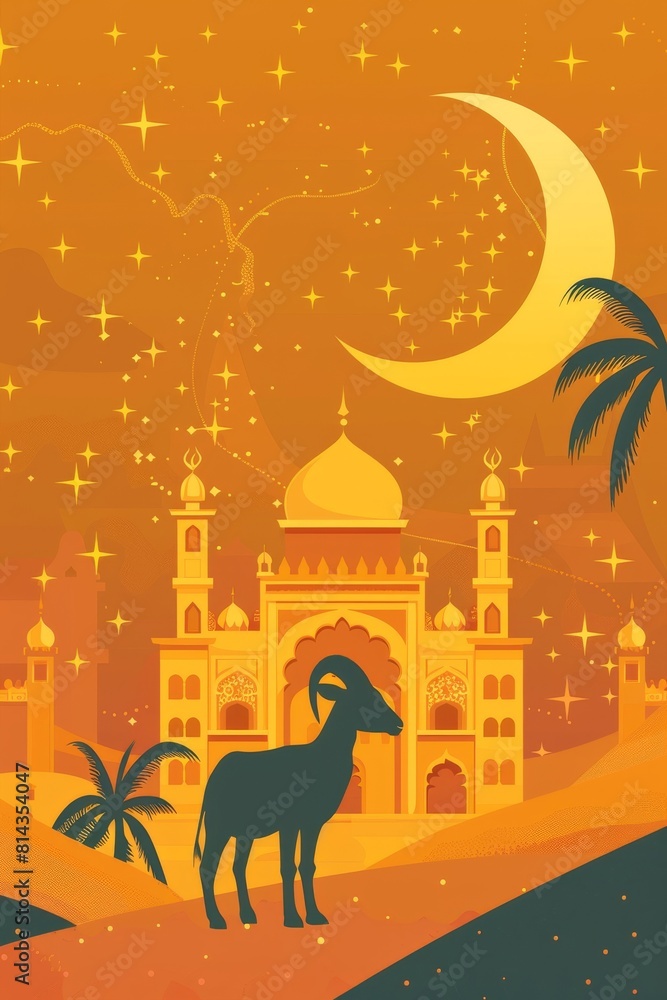 Fototapeta premium Eid Al Adha Banner Design Vector Illustration. Islamic and Arabic Background for Muslim Community Festival. Moslem Holiday. 3D Modern Islamic suitable for Ramadan, Raya Hari, Eid al Adha and Mawlid.