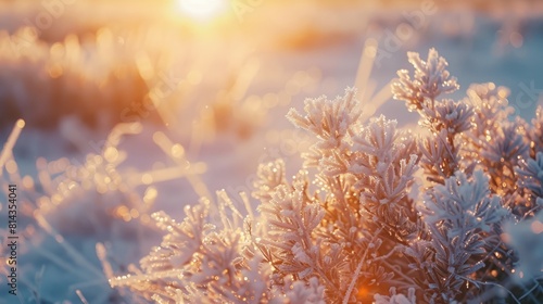 Winter season outdoors landscape, frozen plants in nature on the ground covered with ice and snow, under the morning sun - Seasonal background for Christmas wishes and greeting card, photo