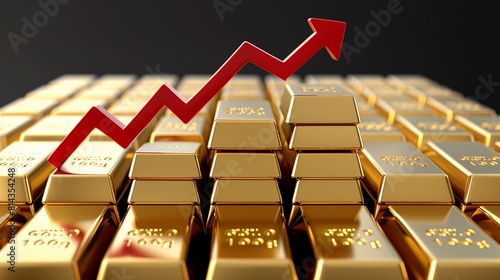 3D of gold bars stacked in an ascending order with a red upward arrow, symbolizing increasing market value