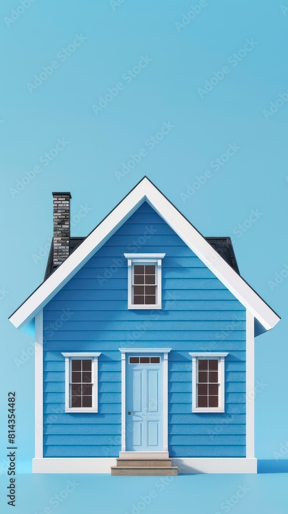 A 3D illustration of a simple blue house, front view
