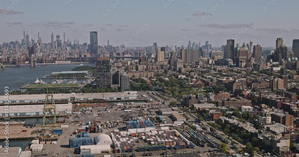 NYC New York Aerial v197 drone flyover industrial shipyard in waterfront district capturing Cobble Hill residential areas and downtown Brooklyn cityscape - Shot with Inspire 3 8k - September 2023 NYC New York Aerial v197 drone flyover industrial shipyard in waterfront district capturing Cobble Hill residential areas and downtown Brooklyn cityscape - Shot with Inspire 3 8k - September 2023