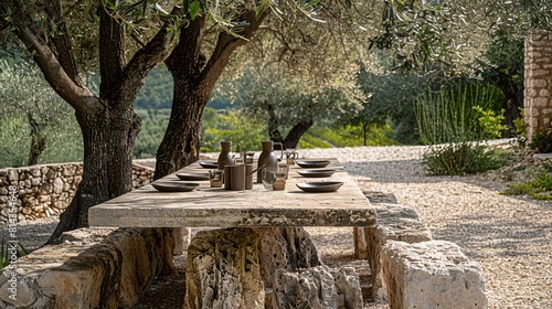 There is a large olive tree in the center of the image. There is a stone table with pots on it in front of the tree. The ground is covered in large, uneven stone tiles. In the background, there is a f