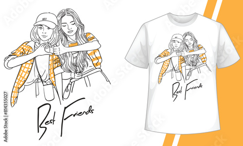 Girls illustration with best friends forever slogan. Vector graphic design t-shirt. Cute Smiley girls enjoying moment vector line art design.