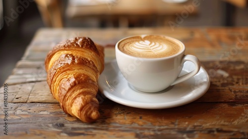 A croissant and a cup of coffee on a wooden table