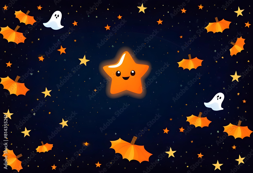 A Halloween-themed illustration with flying starts and ghost in a starry sky