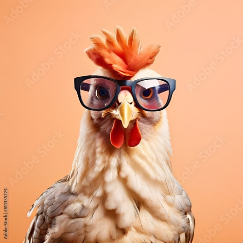 Chickens and roosters of different colors in a hen house on a home farm, selective focus. Cute animals in the rustic farm. Home farm in the Netherlands. Chicken coop and domestic birds. photo