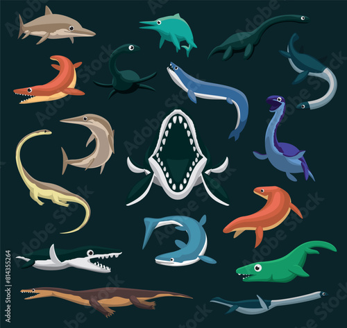 Sea Monsters Dinosaur Prehistoric Reptiles Cartoon Vector Set © bullet_chained
