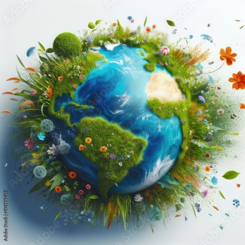 creative representation of Earth with lush greenery and flowers growing on it, an artistic interpretation with exaggerated green lands and clear blue oceans, various plants including grass, shrubs