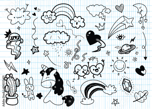 Black and White Hand Drawn Doodles of Cute Elements.