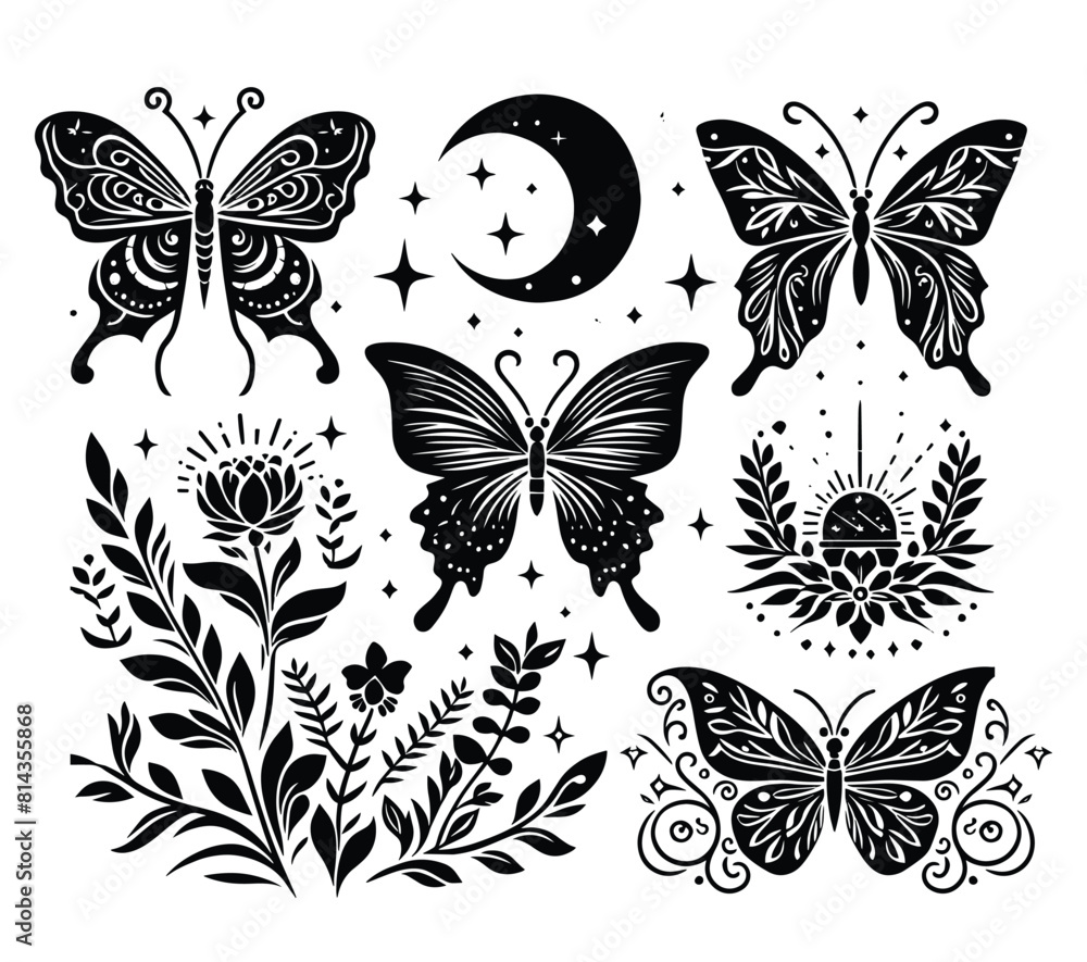 Butterfly &leaf Bundle, Silhouette Vector Graphic Butterfly &leaf Bundle, Silhouette Vector Graphic