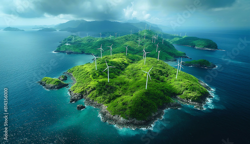 The aerial view of secluded islands with green vegetations built with many white windmills to generate power for the connected mainland © K.A