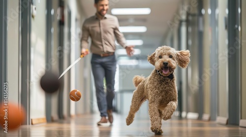 An executive taking a moment to destress by playing fetch with his dog in the office hallway Style Break time, Color Corporate but casual, Technique Photography photo