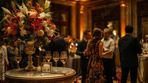 An exclusive business club event with professionals networking in a lavishly decorated setting Style Networking luxury, Color Opulent golds and reds, Technique Photography