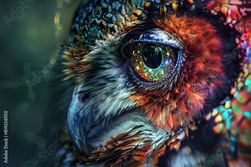 A close up of an owl's face with cosmic eye, adorned with vibrant colors and intricate patterns, set against the backdrop of nature
