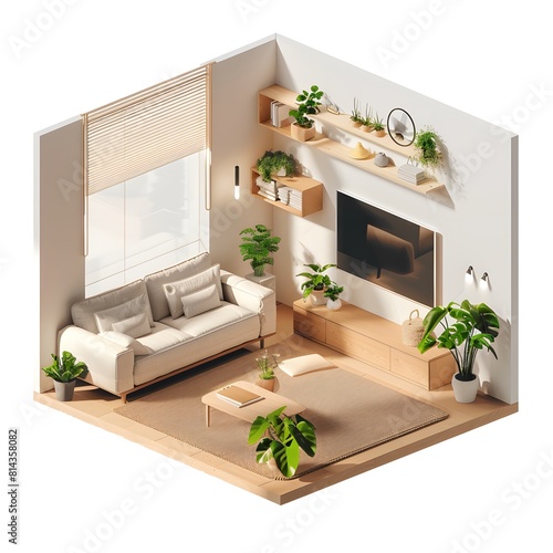 isometric cutaway of a minimal living room Many green potted houseplants in scandinavian interior design of modern bedroom with wooden shelf.