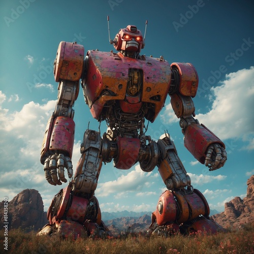 Vintage robot on a background of mountains and blue sky with clouds © MdMehede