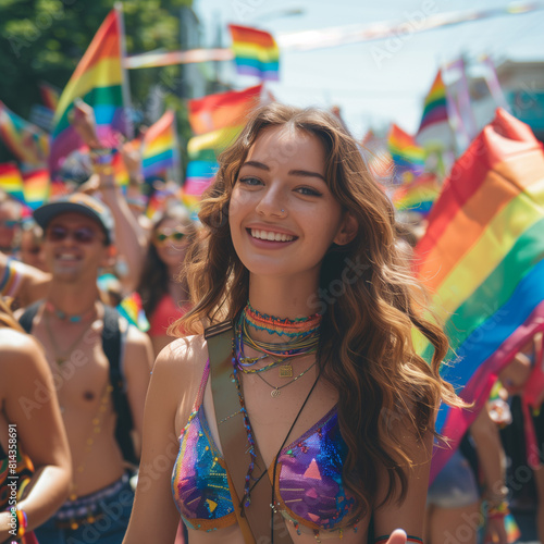 Joyful Young Woman Celebrating at Pride Parade with Colorful Flags
