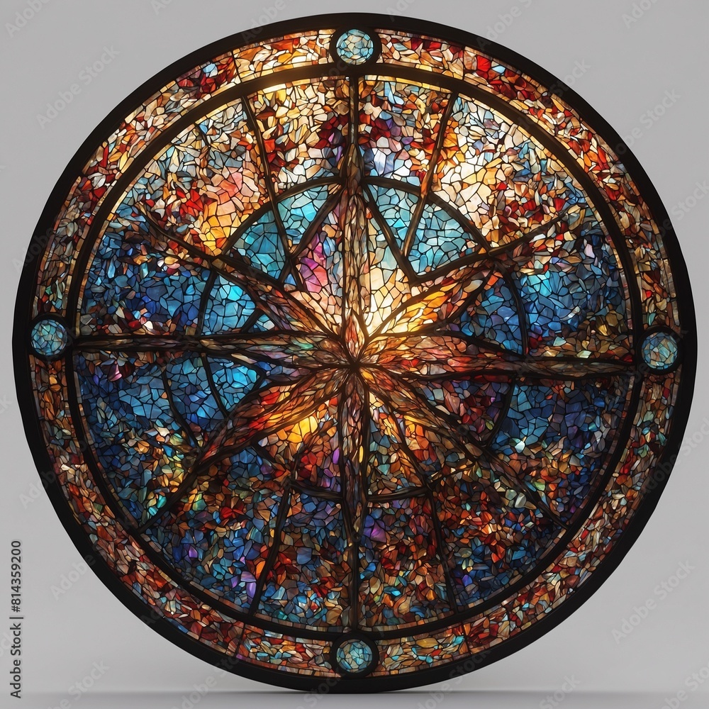 Stained glass window in the shape of a star on the background of the sun.