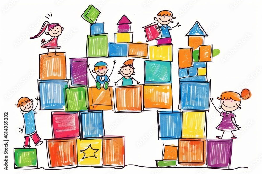 Cartoon cute doodles of friends collaborating to construct a towering fort out of colorful blocks, their teamwork evident in the smiles on their faces, Generative AI Cartoon cute doodles of friends collaborating to construct a towering fort out of colorful blocks, their teamwork evident in the smiles on their faces, Generative AI