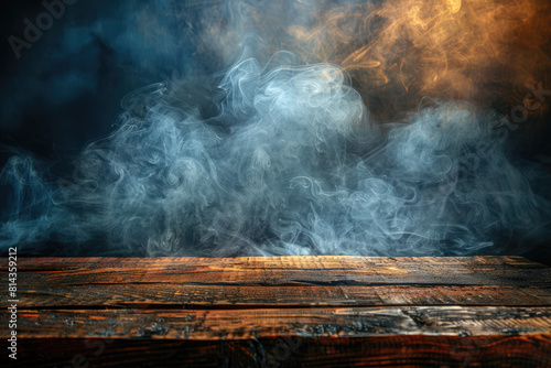 Smoke on wooden table. Created with Ai