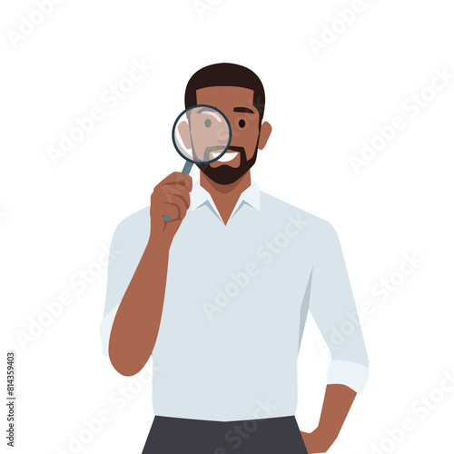 Young black man looking through magnifying glass. Flat vector illustration isolated on white background