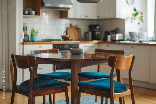 Round wooden dining table and blue chairs. Scandinavian  mid-century home interior design of modern dining room.