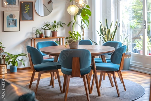 Round wooden dining table and blue chairs. Scandinavian  mid-century home interior design of modern dining room.