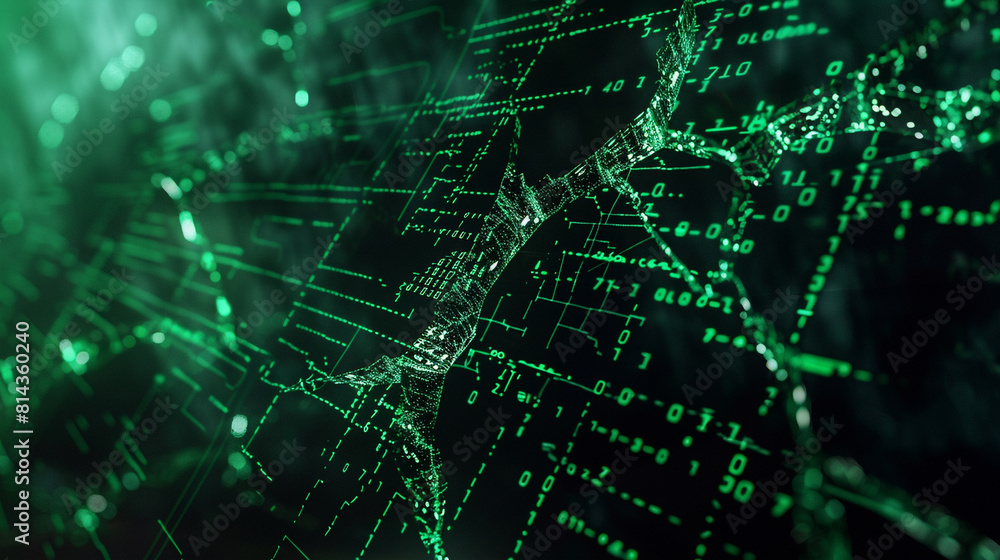 Quantum fracture, cracks filled with green matrix code splitting the dark