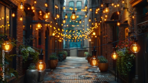 Charming narrow alley with brick buildings and hanging lanterns.