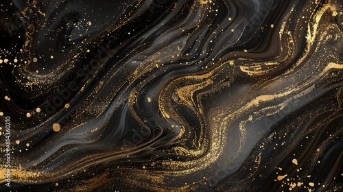 Panoramic view of black gold marble texture, vibrant dark marble surface, curved golden lines, abstract backdrop