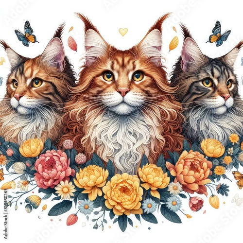 A group of maine coon cats with butterflies and flowers image art attractive lively illustrator. photo