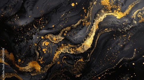 Panoramic black gold marble texture, multicolored dark marble surface, sinuous golden lines, abstract motif