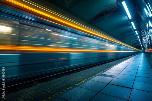 Long exposure of a subway train in motion, showcasing vibrant streaks of yellow and blue lights in an underground station