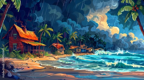 Sea storm with rain and tornado on tropical beach