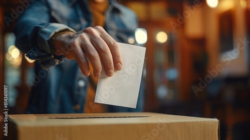 close-up of a man's hand putting a white paper into a ballot box for the presidential election. photo