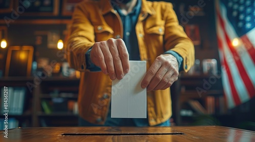 close-up of a man's hand putting a white paper into a ballot box for the presidential election.