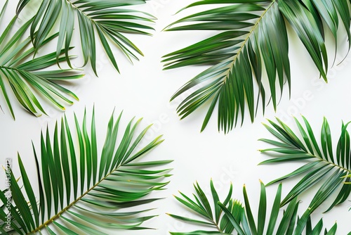 green palm leaf branches on white background. flat lay top view