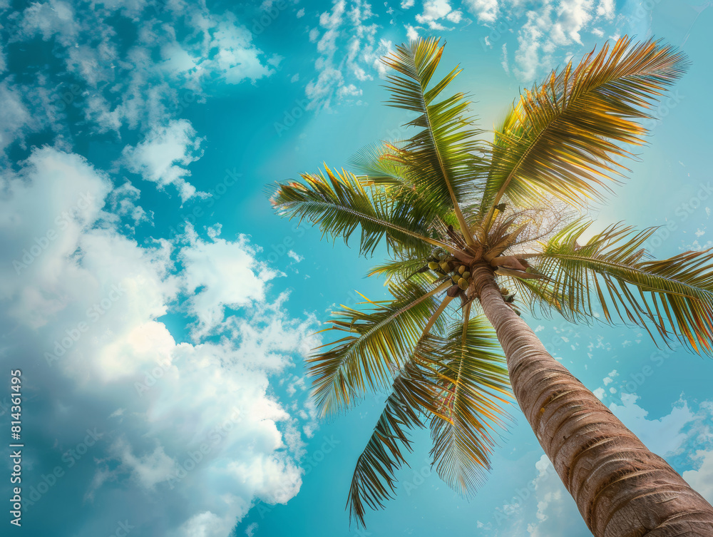 low angle view of beautiful coconut tree over blue sky, fluffy cloud, copyspace area for text - ai low angle view of beautiful coconut tree over blue sky, fluffy cloud, copyspace area for text - ai