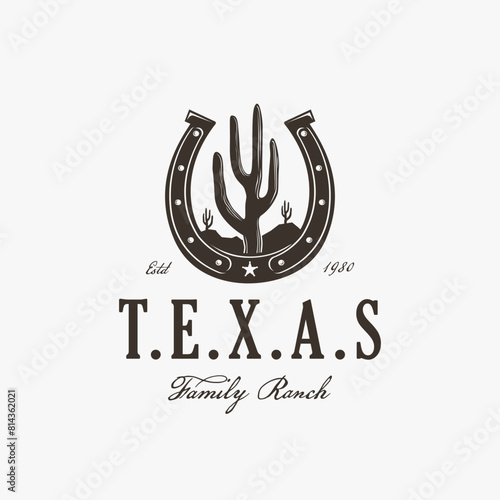 Vintage western stamp label horseshoe and desert cactus logo, cowboy ranch logo vector on white background