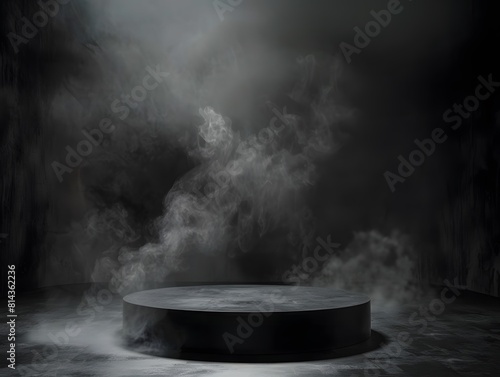 Dark and Dramatic Product Platform: Podium on Black Smoke Background with Abstract Stage Texture, Fog, Spotlight, and Smoky Dust. The Empty Night Room Setting Enhances the Dramatic Display