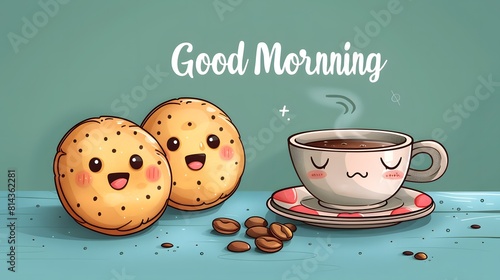 Two adorable cartoon cookies smile on a plate beside hot coffee. 'Good Morning' text waves above in kawaii style, with soft, captivating tones