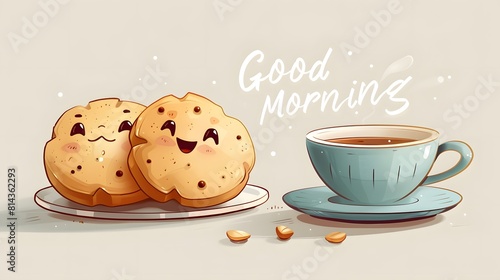 Two adorable cartoon cookies smile on a plate beside hot coffee. 'Good Morning' text waves above in kawaii style, with soft, captivating tones