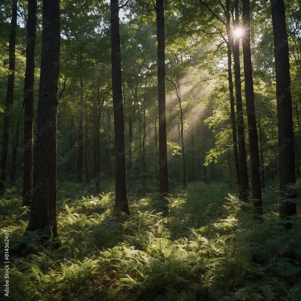 Commemorate National Camera Day with a serene shot of a peaceful forest clearing bathed in dappled sunlight.

