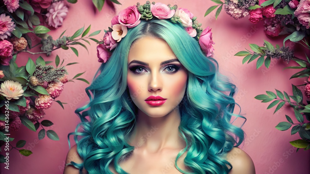 Beautiful Woman Flaunts Teal Hair Amid Pink Background Adorned with Flowers and Lush Foliage. Beautiful Woman Flaunts Teal Hair Amid Pink Background Adorned with Flowers and Lush Foliage.